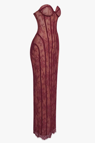 Sheer Lace Corset Strapless Long Dress with Lace-Up Back