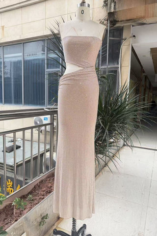 Textured Knit Strapless Cut-Out Long Dress with Draped Detail