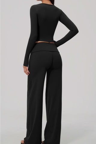 Scoop Neck Long Sleeve Top & Foldover Wide-Leg Pants Set