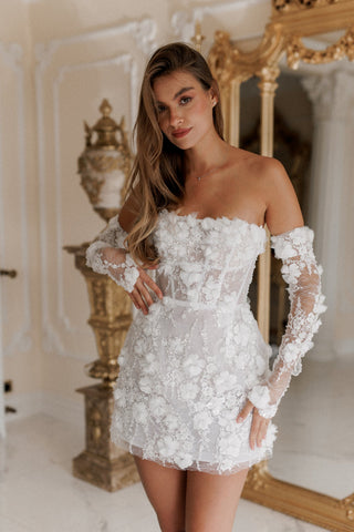 Floral Appliqué Corset Mini Dress with Lace Sleeves