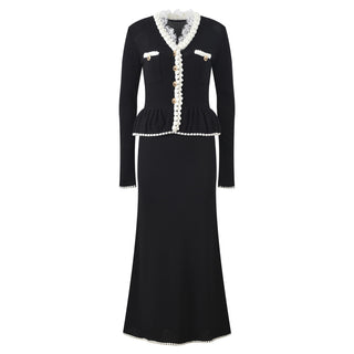 Contrast Trim Peplum Knit Top & Long Skirt Set
