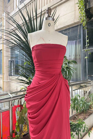 Strapless Ruched Long Dress with Lace-Up Back & High Slit