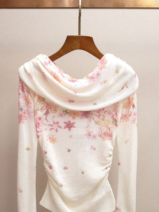 Floral Print Draped Neck Knit Long Sleeve Ruched Fitted Top