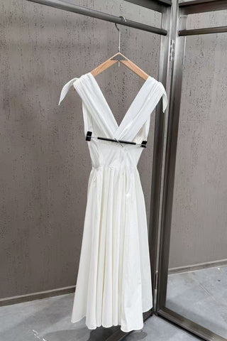 Tie-Shoulder V-Neck Open Back Flared Midi Dress