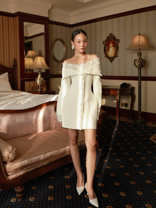Lace Trim Off-Shoulder Tailored Blazer Mini Dress with Long Sleeves & Button Front
