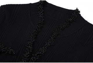 Ribbed Knit Long Dress with Pearl Trim Details & Long Sleeves