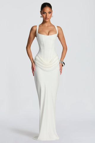 Structured Corset Draped Bodycon Long Dress with Wide Straps