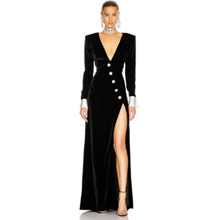 Velvet Deep V Long Dress with Crystal Buttons, Long Sleeves & Front Slit