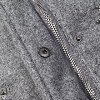 Embellished Wool Short Jacket – Grey High Neck Coat with Crystal Beads & Sequins