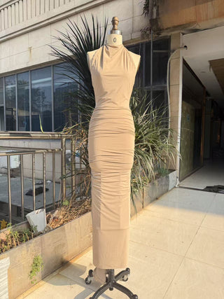 Halter Neck Ruched Open-Back Long Dress