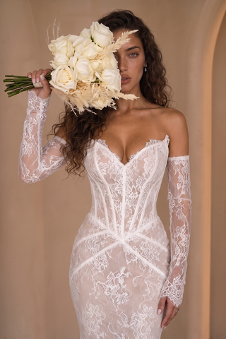 Floral Lace Corset Off-Shoulder Long Dress with Sheer Lace Sleeves