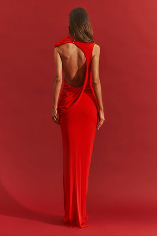 Open Back High Neck Long Evening Dress with Draped Detail