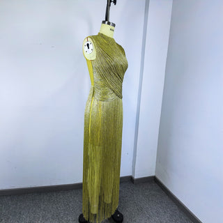 Metallic Fringe High Neck Sleeveless Long Dress
