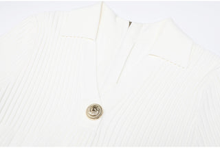 Ribbed Knit Collared V-Neck Short Sleeve Mini Dress with Flared Skirt