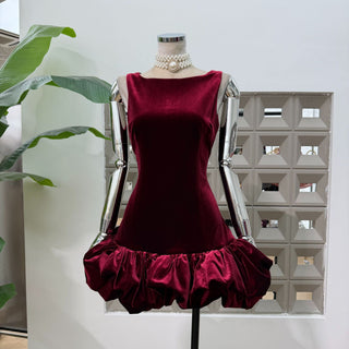Sleeveless Burgundy Velvet Mini Dress with Bubble Hem Design