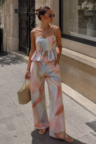 Abstract Print Tie-Strap Sleeveless Peplum Top & Wide Leg Pants Set