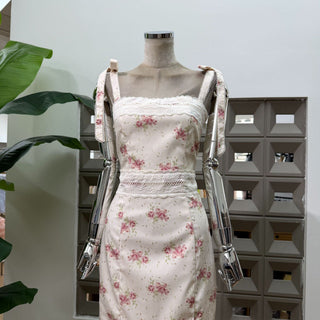 Floral Print Long Dress – Lace Trim, Tie Straps, Defined Waist & Corset Back