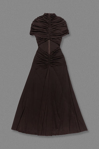 Ruched Mesh Short Sleeve Cut-Out Long Dress