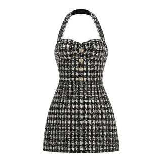 Tweed Halter Neck Button Mini Dress