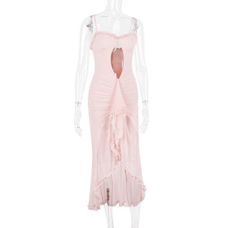 Sleeveless Stretch Mesh Long Dress with Front Cut-Out