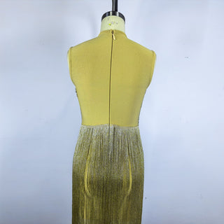 Metallic Fringe High Neck Sleeveless Long Dress