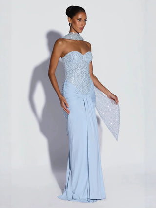 Sequin Corset Strapless Sweetheart Scarf Ruched Draped Long Dress