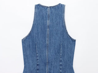 Sculpted Button-Front Denim Mini Dress — Sleeveless Fitted A-Line
