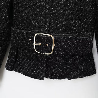 Long Sleeve Textured Tweed Jacket with Gold Buckle Belt & High-Waisted Shorts Set
