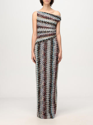 Zigzag Knit One-Shoulder Short Sleeve Long Dress