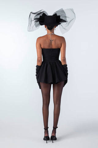 Bow-Detail Strapless Mini Romper with Flounce Skirt Overlay