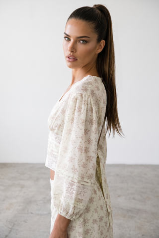 Floral Lace Trim Balloon Sleeve Blouse