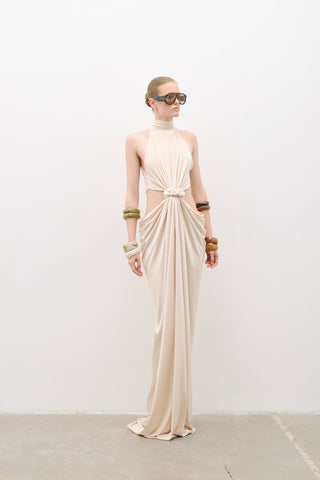 Luxe Halter Neck Cut-Out Long Dress with Draped Knot Detail