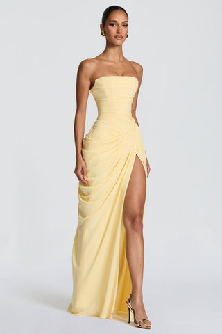 Strapless Ruched Long Dress with Lace-Up Back & High Slit