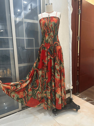 Abstract Print Smocked Drop-Waist Long Dress