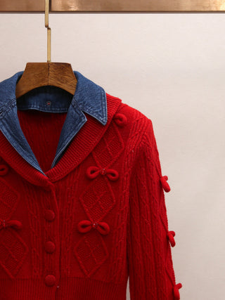 Cable Knit Bow Detail Long Sleeve Cropped Cardigan