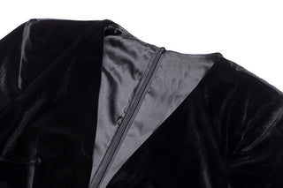 Velvet Deep V Long Dress with Crystal Buttons, Long Sleeves & Front Slit