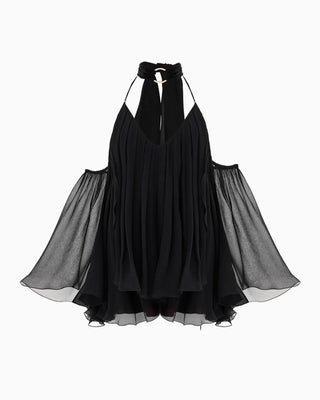 Pleated Halter Mini Dress with Sheer Draped Sleeves