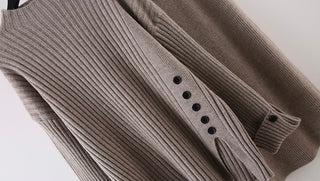 Ribbed Knit Two-Piece Set – Oversized Sweater with Button-Cuff Sleeves & High-Waist Midi Skirt