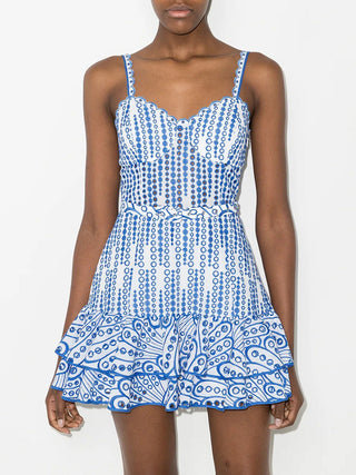 Embroidered Sleeveless Belted Mini Dress