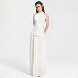 Halter Neck Pleated Long Dress with Metal Detail