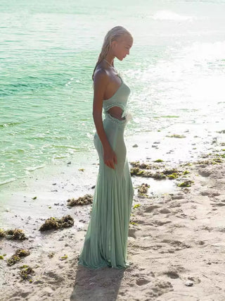 Butterfly Halter Mermaid Long Dress with Side Cutouts