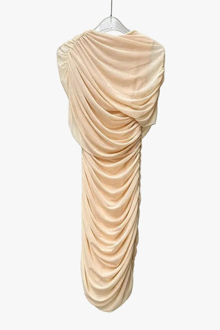 Ruched Mini Bodycon Dress with High Neck, Short Sleeves & Draped Overlay