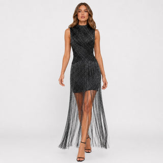 Metallic Fringe High Neck Sleeveless Long Dress