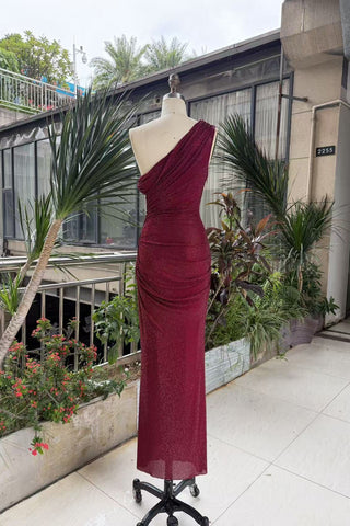 One-Shoulder Shimmer Mesh Long Evening Dress