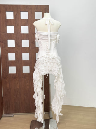 Corset Halter Asymmetric Ruffle Long Dress with Lace-Up Back