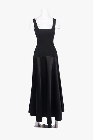 Square Neck Fitted Bodice Long Dress with Flared Satin Skirt