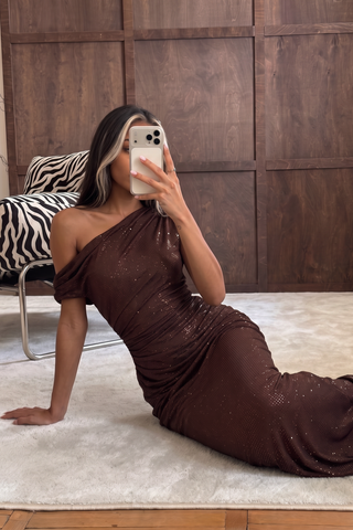 One-Shoulder Shimmer Mesh Long Evening Dress