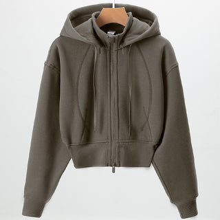 Layered High-Neck Cropped Zip-Up Hoodie