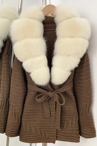 Belted Winter Coat with Faux Fur Collar – Long Sleeve Textured Fabric Jacket