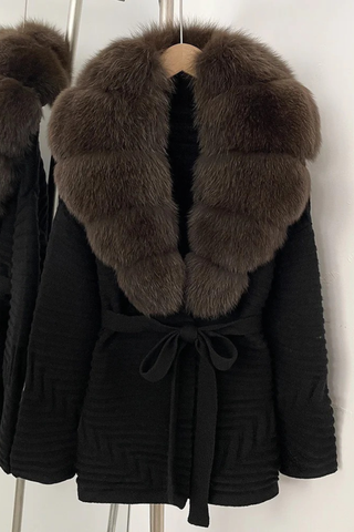 Belted Winter Coat with Faux Fur Collar – Long Sleeve Textured Fabric Jacket